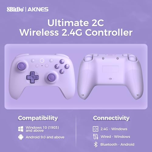 AKNES 8Bitdo Ultimate 2C Wireless 2.4G Controller for Windows PC and Android, Gamepad with Hall Effect Joysticks and Hall Triggers, 1000Hz Polling Rate, Remappable L4/R4 Bumpers - Purple | Gamepad with Hall Effect Joysticks and Hall Triggers, 1000Hz Polli