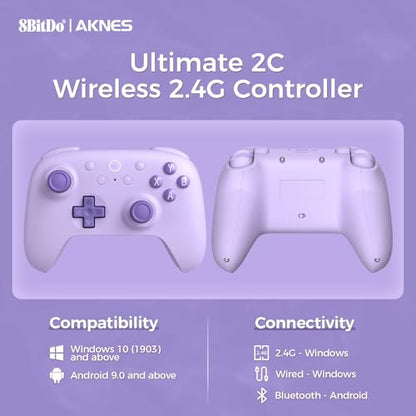 AKNES 8Bitdo Ultimate 2C Wireless 2.4G Controller for Windows PC and Android, Gamepad with Hall Effect Joysticks and Hall Triggers, 1000Hz Polling Rate, Remappable L4/R4 Bumpers - Purple | Gamepad with Hall Effect Joysticks and Hall Triggers, 1000Hz Polli