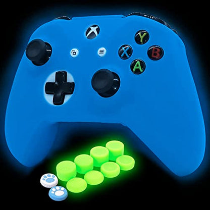 Blue Silicone Cover Skin for Xbox One S/X Controller Glow in The Dark Anti-Slip Soft Rubber Case Protector Accessories Set with 8 Glow in The Dark Thumb Grips Caps + 2 Cute Cat Paw Caps. - color: Glow Blue