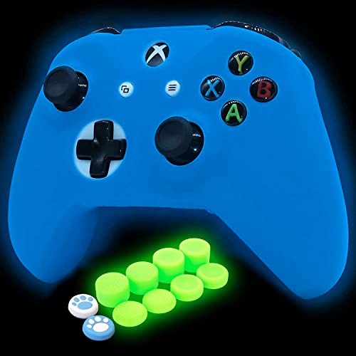 Blue Silicone Cover Skin for Xbox One S/X Controller Glow in The Dark Anti-Slip Soft Rubber Case Protector Accessories Set with 8 Glow in The Dark Thumb Grips Caps + 2 Cute Cat Paw Caps. - color: Glow Blue