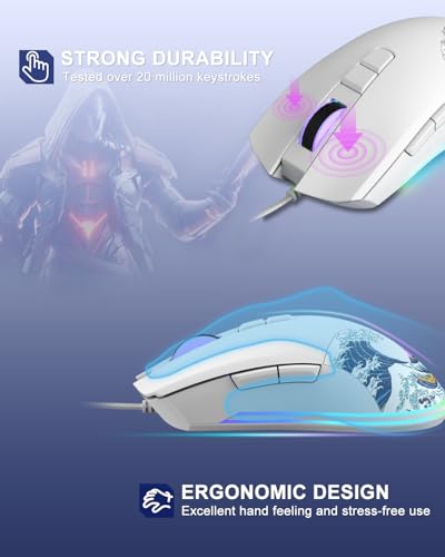 COSTOM Womier G705 USB Wired Gaming Mouse for PC Computer Windows Mac Laptop, Lightweight Silent RGB Backlit Mouse with Adjustable 12000DPI/7 Programmable Side Buttons,White Kanagawa Theme - color: white 2