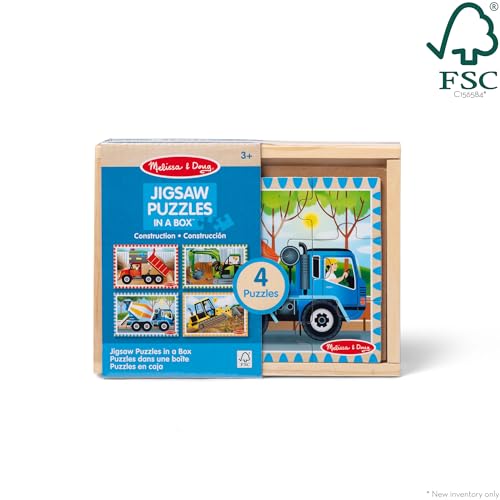 Melissa & Doug 4‑in‑1 Wooden Construction Vehicles Jigsaw Puzzle Set, 48 Pieces with Storage Box, Toddler Puzzle Toy for Kids Ages 3+ - FSC Certified - style: Construction