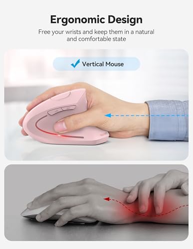TECKNET Ergonomic Mouse Wireless, Rechargeable Vertical Mice Right Hand | 2.4G+Bluetooth, Multi Device, 4800 DPI Adjustable, Optical Carpal Tunnel Mouse, for Laptop, PC, Computer, MacBook, iPad, Pink - color: Pink