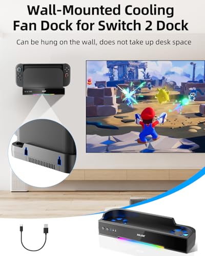 OLCLSS Cooling Fan for Switch 2 Dock, Dual High-Speed Fans with 3-Speed Adjustment, RGB Lighting, Quiet Operation, Wall Mountable Stand, USB Powered Cooling Fan for Switch 2 Console