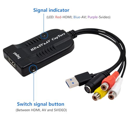 Wiistar USB Video Capture Card HDMI/AV/RCA/S-Video to USB2.0 Video Capture | up to 1080P30fsp Hi8, VCR, VHS to Digital Converter for Camcorder DVD PS4 Live Streaming Compatible with Mac Windows