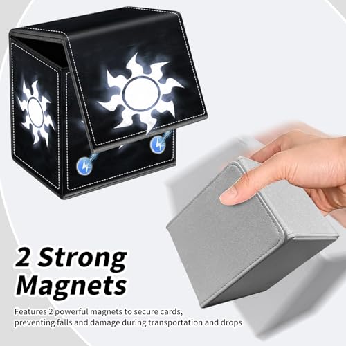 BVDIKMI Card Deck Box for MTG, Card Storage Box Fits 100+ Single Sleeved Cards, PU Leather Strong Magnet Card Deck Case Holder for Magic Commander TCG CCG, Black Sun - color: Black Sun