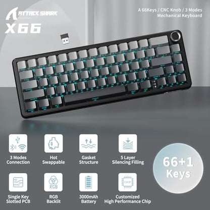 ATTACK SHARK X66 Wireless 60% RGB Mechanical Gaming Keyboard-Moonlight | Volume Knob,USB-C Wired/BT5.0/2.4Ghz,Gasket Mount,Side Printed PBT Keycap,Hot Swappable Strawberry Switch,TKL,NKRO for PC Mac - color: Moonlight