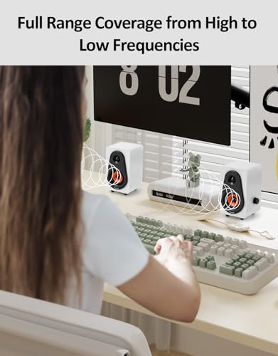 White Computer Speakers, White Wooden Desktop Speakers with Dual Diaphragms,12W USB High-Fidelity Stereo for PC, Laptop, Monitor, Tablet – USB Powered with Built-in Audio Output