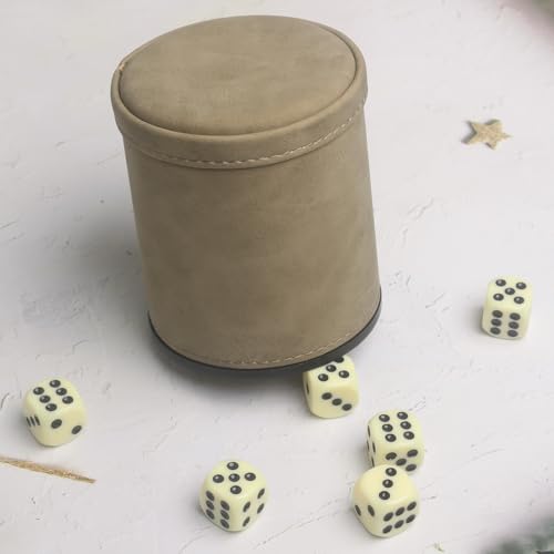 PU Leatherette Dice Cup with 6 Dot Dices for Yahtzee Farkle Bar Party Dice Games - color: Light Brown