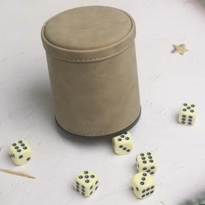 PU Leatherette Dice Cup with 6 Dot Dices for Yahtzee Farkle Bar Party Dice Games - color: Light Brown