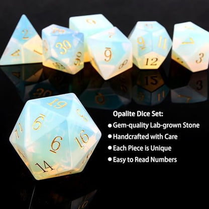 Haxtec Opal Dice Gemstone Polyhedral DND Dice Set with Premium Dice Case Compatible with Dungeons and Dragons Role Playing Board Games D&D Gift - color: White Gold-opal
