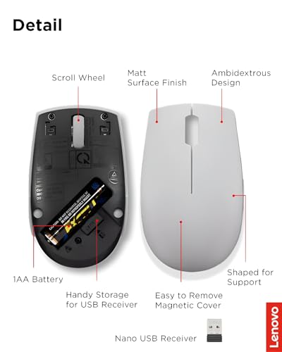 Lenovo 300 Wireless Mouse – Computer Mouse for PC, Laptop with Windows – Ambidextrous Design – 2.4 GHz Nano USB Receiver – 12 Month Battery Life - color: Arctic Grey