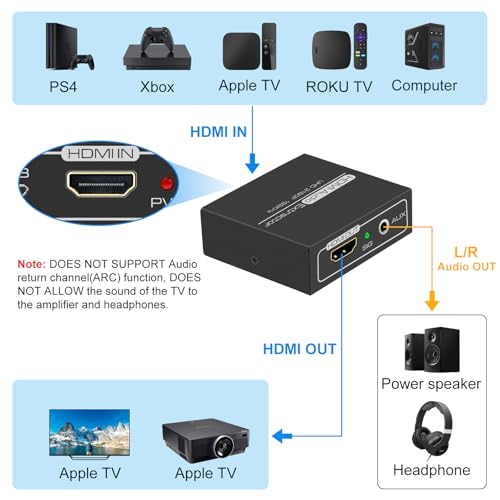 HDMI Audio Extractor 4K with 3.5mm AUX Stereo and L/R RCA Out Converter Adapter Splitter Support 4K 1080P 3D Compatable for PS3 Xbox Fire Stick - color: BLACK