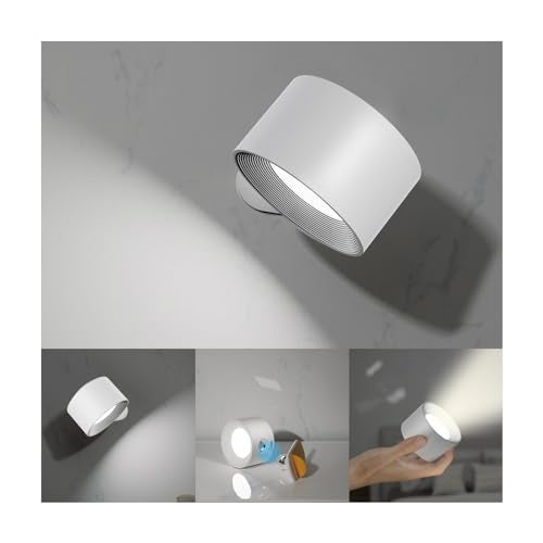 Koopala LED Wall Sconces, Wall Mounted Lamps with Rechargeable Battery Operated Dim 3 Brightness Removable Charging 360°Rotate Magnetic Ball, Cordless Wall Light for Reading Study Bedside Hallway - color: White-A