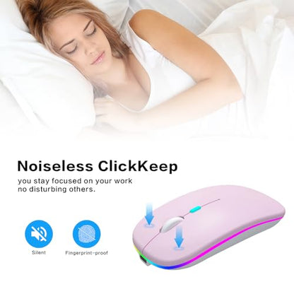 AIKOKOK Wireless Bluetooth Mouse, Rechargeable Dual Mode Mouse, Pink | BT 5.2 & 2.4G USB Receiver, 3 Adjustable DPI,LED Lights,Slim,Silent,Portable Computer Mouse for Laptop,PC,MacBook,iPad,Tablet - color: Pink