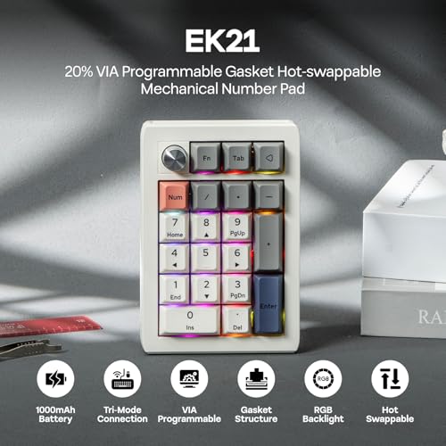 EPOMAKER EK21 VIA Gasket Number Pad w/ 1000mAh Battery, BT 5.0/2.4GHz/Wired | Hot-Swap Numpad with Aluminum Alloy knob, Programmable for Win/Mac/Gaming (Retro White, Wisteria V2 Switch) - color: Retro White, size: Wisteria V2 Switch