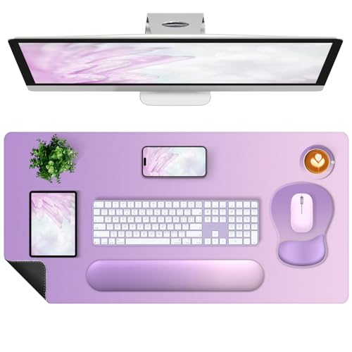 4-in-1 Large Gaming Mouse Pad, Keyboard Wrist Rest Pad & Wrist Support Mousepad Set, Extended Desk Pad Waterproof Desk Mat for Home Office Decor Study Game 35.4×15.7 Inches I Purple Pink Lavender - color: Purple Pink Lavender