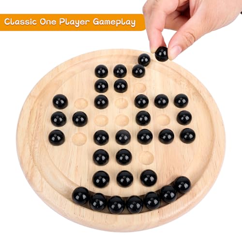 Offelec Wooden Solitaire Board Game with 33 Piece Black Glass Marbles Classic One Player Gameplay Strategy Puzzle Board Games Kids & Adults Fun Family Tabletop Toys, Birthday Gift,Table Games - color: Black Solitaire