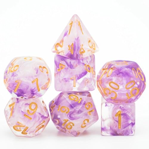 UDIXI Resin DND Dice Set 7PCS Polyhedral D&D Dice for Role Playing Game | Purple White Colors, Dreamy Effect, Velvet Dice Bag Packaging, for Dungeons and Dragons Role Playing Games and Tabletop Games - color: S-purple and White