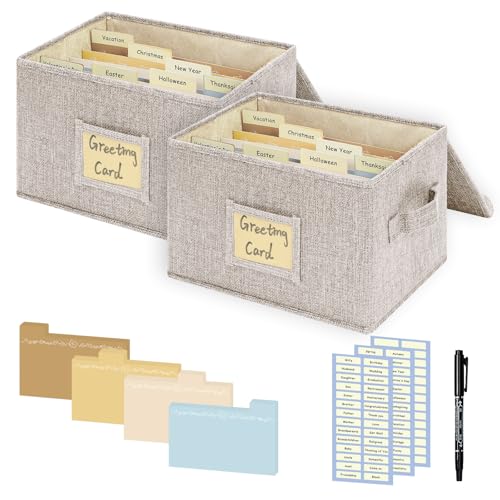 Greeting Card Organizer, Card Organizer Box with 40 Dividers, 168 Label Stickers, and 2 Markers, Stylish Greeting Card Storage Box for Effortlessly Collecting Greeting Cards. 2 Pack, Beige - color: Beige, size: 2 Pack