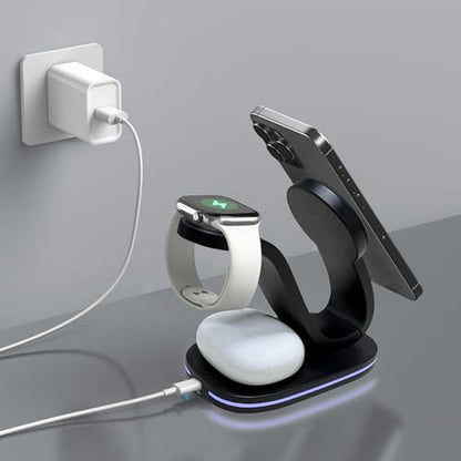 Wireless Charging Station, 2026 Upgraded Fast 15W 3-in-1 Charger Station for iPhone 17/16/15/14/13/12 Series, Watch Airpods 1-8/Ultra, iPad, AirPods