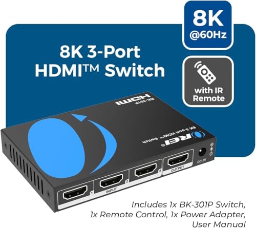 OREI 8K 3-Port HDMI 2.1 Switch, 3-in 1-Out, 8K@60Hz, Manual & Auto Switch | hdmi switch with remote, hdmi switch 4k 120hz, HDR10+, Dolby Vision, VRR, ALLM, CEC, PS5/Xbox compatible - size: 3x1 8K HDMI Switch