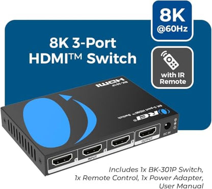 OREI 8K 3-Port HDMI 2.1 Switch, 3-in 1-Out, 8K@60Hz, Manual & Auto Switch | hdmi switch with remote, hdmi switch 4k 120hz, HDR10+, Dolby Vision, VRR, ALLM, CEC, PS5/Xbox compatible - size: 3x1 8K HDMI Switch