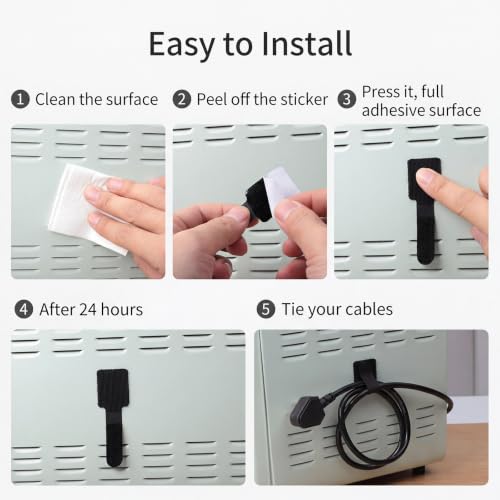 100 Pcs Cable Management Under Desk, Hook and Loop Cable Straps, Black | Strong Adhesive Backing, Residue-Free Removal, Adjustable Cable Ties for Home, Office, and TV, Computer, Vehicle Use - color: Black