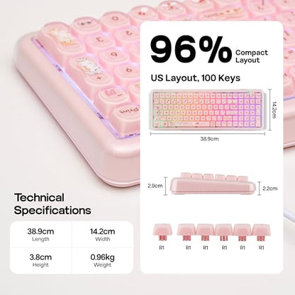 MechLands X Maorbeng X100 PRO Membrane Gaming Keyboard with Number Pad, RGB Backlits, Wireless Computer Keyboard with 5000mAh Battery, BT/2.4G/USB-C Wired, 96% Layout for Windows/Mac/PC (Pink) - color: Pink