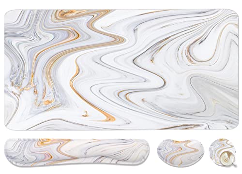 4-in-1 Large Gaming Mouse Pad, Keyboard Wrist Rest Pad & Wrist Support Mousepad Set, Extended Desk Pad Waterproof Desk Mat for Home Office Study Game - White Marble - color: White Marble