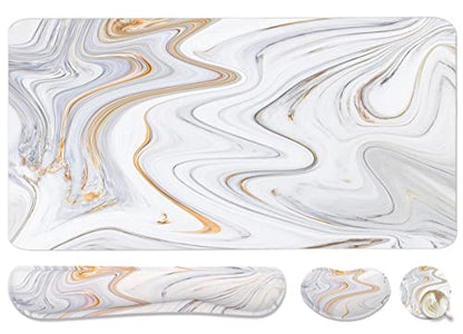 4-in-1 Large Gaming Mouse Pad, Keyboard Wrist Rest Pad & Wrist Support Mousepad Set, Extended Desk Pad Waterproof Desk Mat for Home Office Study Game - White Marble - color: White Marble