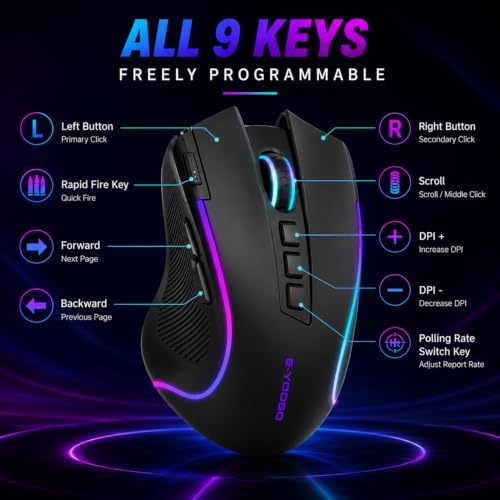 E-YOOSO Ergonomic Wireless Gaming Mouse, Tri-Mode, Rapid Fire Key, 8000 DPI | 9 programmable buttons, 6 RGB modes, 75-hour battery, contoured thumb rest, 1000Hz polling, for right-handed gaming and work