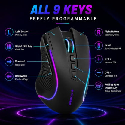 E-YOOSO Ergonomic Wireless Gaming Mouse, Tri-Mode, Rapid Fire Key, 8000 DPI | 9 programmable buttons, 6 RGB modes, 75-hour battery, contoured thumb rest, 1000Hz polling, for right-handed gaming and work