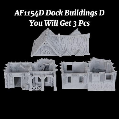 AUSPDICE DND Terrain 25mm 도색되지 않은 석재 및 목재 도크 빌딩 TTRPG용 | 던전 앤 드래곤 판타지 워게임용 1:64 스케일 멀티 레벨 하버 디스트릭트 풍경 - AF1154D - color: Af1154d Dock Buildings D