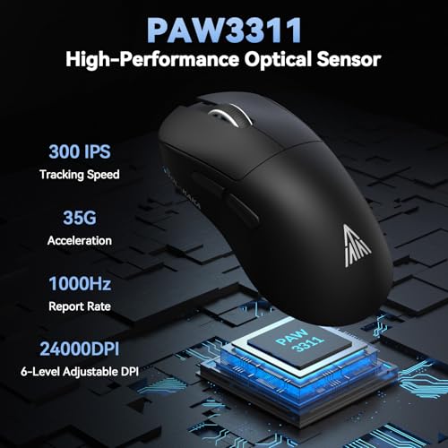 SOLAKAKA SM822 Wireless Gaming Mouse with Charging Dock, Tri-Mode Wireless Mouse, PAW3311 Optical Sensor, Up to 24,000DPI, 62g Lightweight Mouse with 5 programmable Buttons, for PC, Laptop (Black) - color: Black