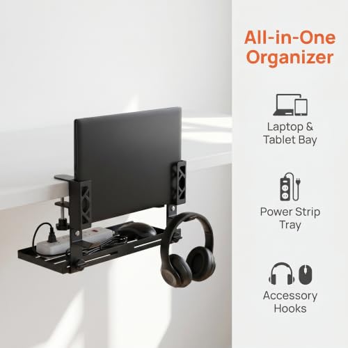 Loscarol Adjustable Under Desk Laptop Holder, Laptop Holder with Cable Management Tray, Desk Side Storage, Under Desk Laptop Mount, Laptop Holder with Cable Management Tray for Gaming, Office, Home