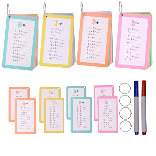 Math Flash Cards for Kids Ages 5–8 | Addition, Subtraction, Multiplication & Division | 4-Pack Complete Math Learning Set | Reusable Cards with Rings & Markers | Math Facts & Times Tables Practice