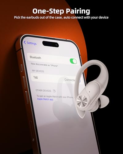 PocBuds Bluetooth Headphones Wireless Earbuds 80hrs Playtime Wireless Charging Case Digital Display Sport Ear Buds with Earhook Deep Bass IPX7 Waterproof Over-Ear Earphones for Phone Laptop Beige - color: Beige, style: Standard