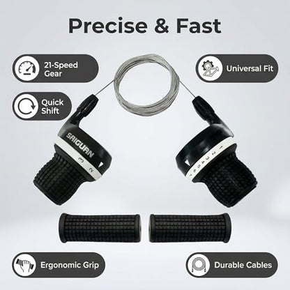 3x7 Speed Bike Shifter Set, 21 Speed Twist Grip Gear Shifters | with Cables & Handle Grips, Bicycle Grip Shift Replacement for Mountain MTB City Commuter Bike Matte Black