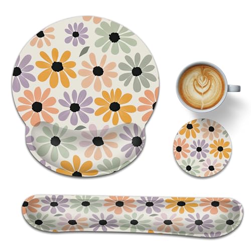 Ergonomic Keyboard and Mouse Wrist Rest Set, Abstract Retro Groovy Daisy Flower Mouse Pad with Non Slip Base, Soft Cloth Surface for Office and Home Typing Support - color: Abstract Retro Groovy Daisy Flower