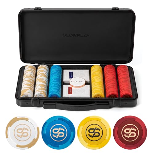 SLOWPLAY Godel Clay Poker Set, 14g&40mm Poker Chips for Texas Hold'em | 300 pcs Non-Numbered Set; premium PC Shell case with mirror effect; clay composite poker chips; modern minimalist design - color: 300 Blank Chips