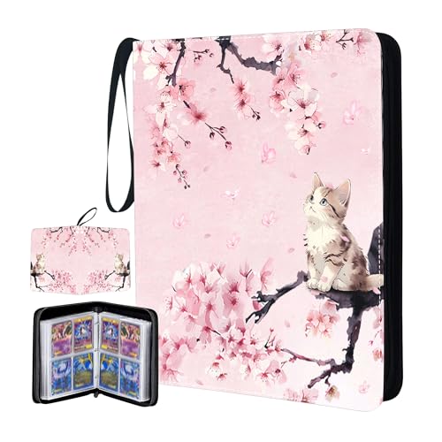 Cat Trading Card Binder 4 Pocket, Girl Collectible Card Binders 400 Pockets, Cute Pink Cat Card Binder with Zipper, Trading Card Collection Gifts for Girls Kids and Organized - color: Pink Cat, size: 400 Pockets