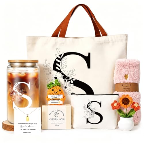 DHQH Birthday Gifts for Women, Monogrammed Gifts Box Included 16 oz Initial Glass Drinking Cup,Canvas Tote Bag, Personalized Iced Coffee Tumbler Gift for Women Her Mom Teacher Friends Sister, S - color: letter-cup-s