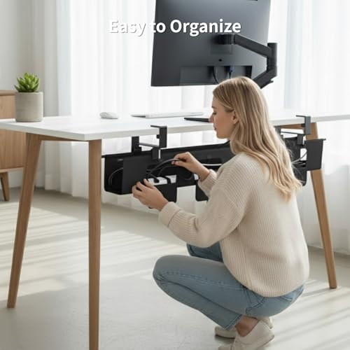 No Drill Under Desk Cable Management Tray, 47.5” Fabric Clamp Mount Cord Organizer for Table, Heavy Duty Wire Management for Office Home, Black - size: 48 inch