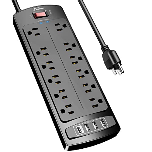 Power Strip, ALESTOR Surge Protector with 12 Outlets and 4 USB Ports, 6 Feet Extension Cord, 2700 Joules, ETL Listed, Black - color: Black, size: 6 Ft