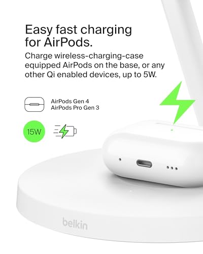 Belkin Qi2 15W Wireless Charging Station, 3 in 1 iPhone Charger | Fast Charging, MagSafe Compatible, iPhone 17/16/15, Apple Watch, AirPods, Travel Charger, Magnetic - color: White, style: Matte Finish