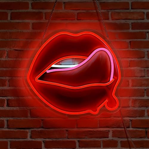 LED Lips Tongue Neon Sign Light Up Flaming Red Lips Lights Lighted Sexy Neon Signs with Base for Bedroom Dorm Hallway Garage Bar Gaming Room Man Girls Cave Vanity Tabletop Wall Decor Art Gifts - color: Lips Tongue