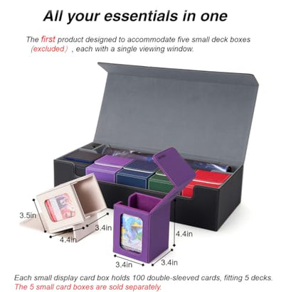MTG Deck Box Holds 5 Display Card Deck Boxes with Playmat and Dice Box,Includes 10 colorful dividers and 1 card supporter, Trading Card Storage Box For Magic Game Cards (Black and Grey) | Holds 5 Deck Boxes (not included)/650 Single/520 Double-Sleeved Car