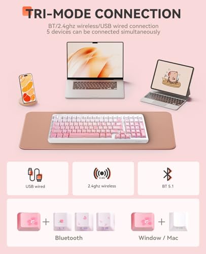 DAREU EK98pro Sakura Pink Wireless Mechanical Keyboard,Tri-Mode BT/2.4GHz/USB-C Creamy Gaming Keyboard with Number Pad,Gasket Structure,Hot Swappable Custom,RGB Backlit for Win/Mac - color: Sakura Pink-D