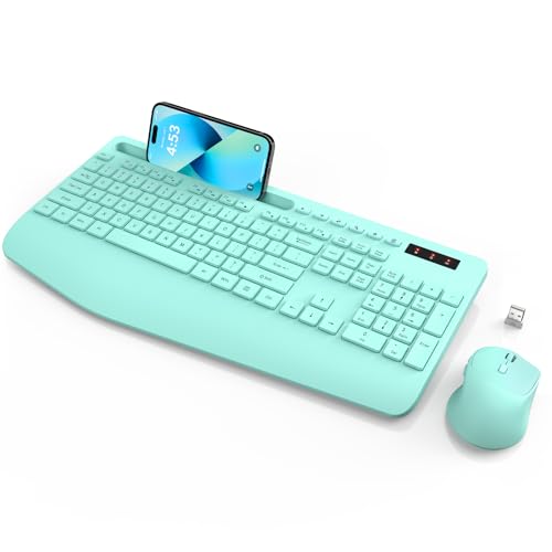 SABLUTE Wireless Keyboard and Mouse Combo, 2.4GHz, Ergonomic Wrist Rest | Full Size, 3-Level DPI, Phone Holder, Silent Typing, KM23D Batteries Powered Set for PC, Laptop, Windows, macOS (Mint Green) - color: Mint Green, size: 1 Pack